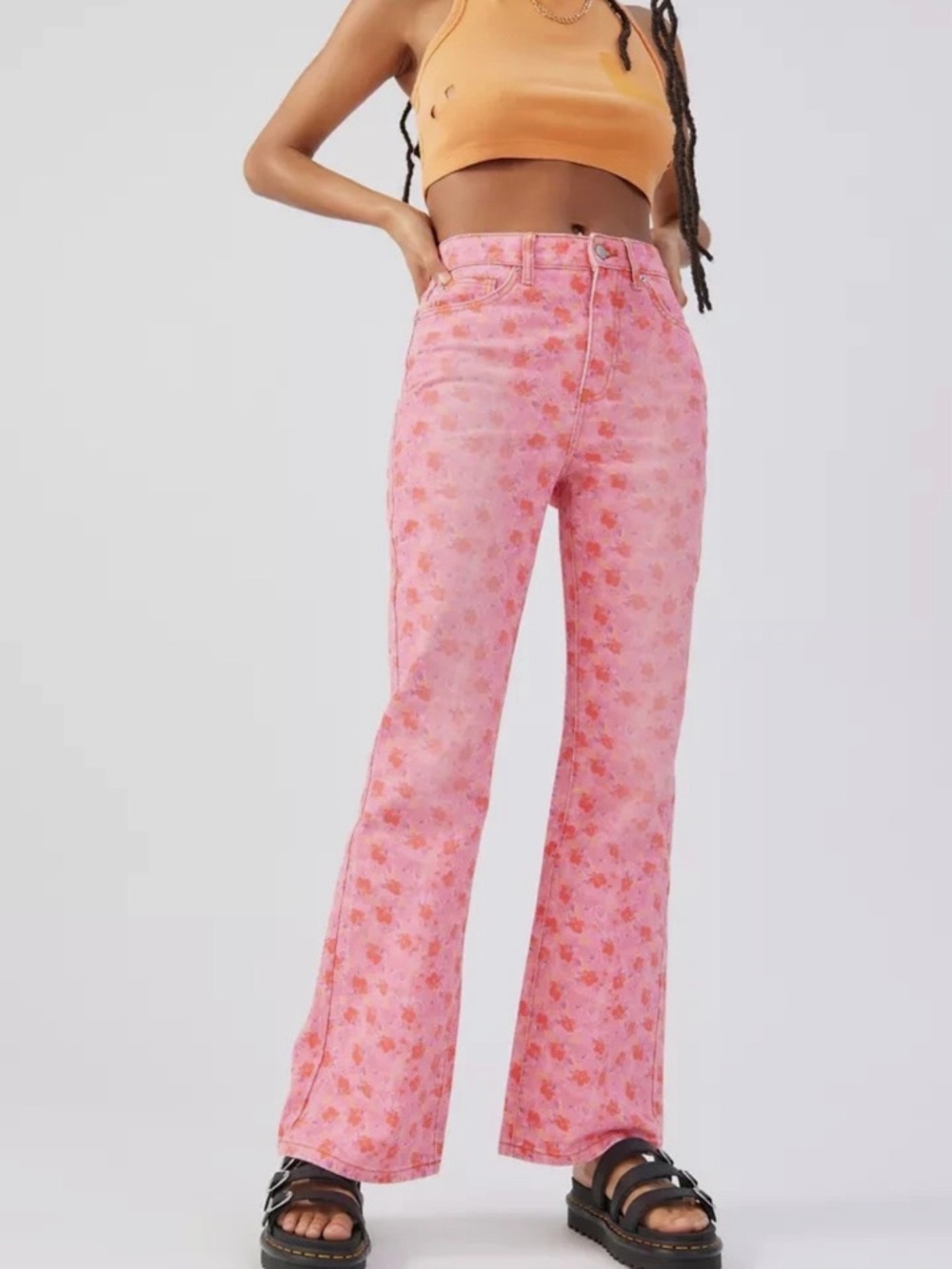 BDG Pink Floral Pattern Flare Jeans
